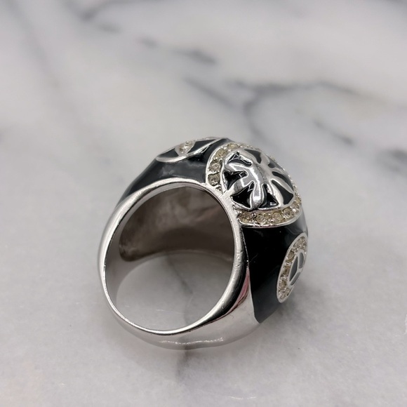 Chunky Black Enamel & Silver Tone Crystal Ring with Design - Picture 7 of 12